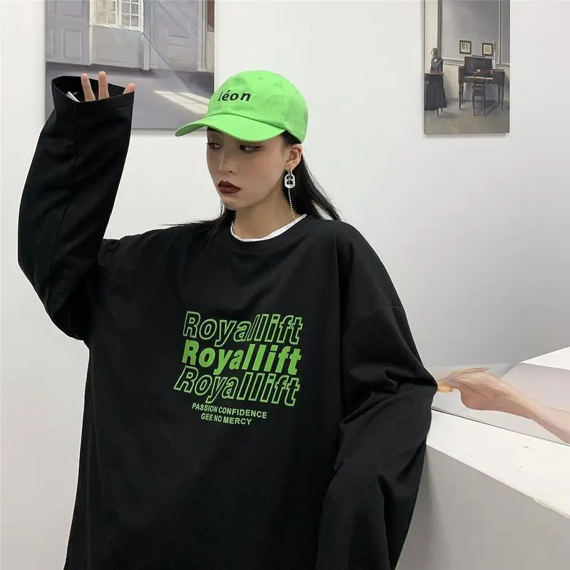

O-neck t-shirt men women pure cotton autumn Korean Harajuku style top retro simple letter printing full-sleeved loose T-shirt