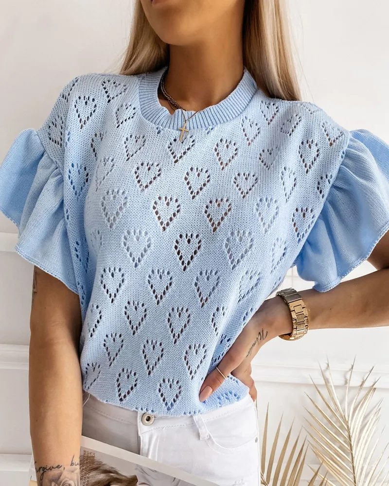 

O-neck top women's 2021 women's hollow sleeve pullover casual loose knit top sexy hollow