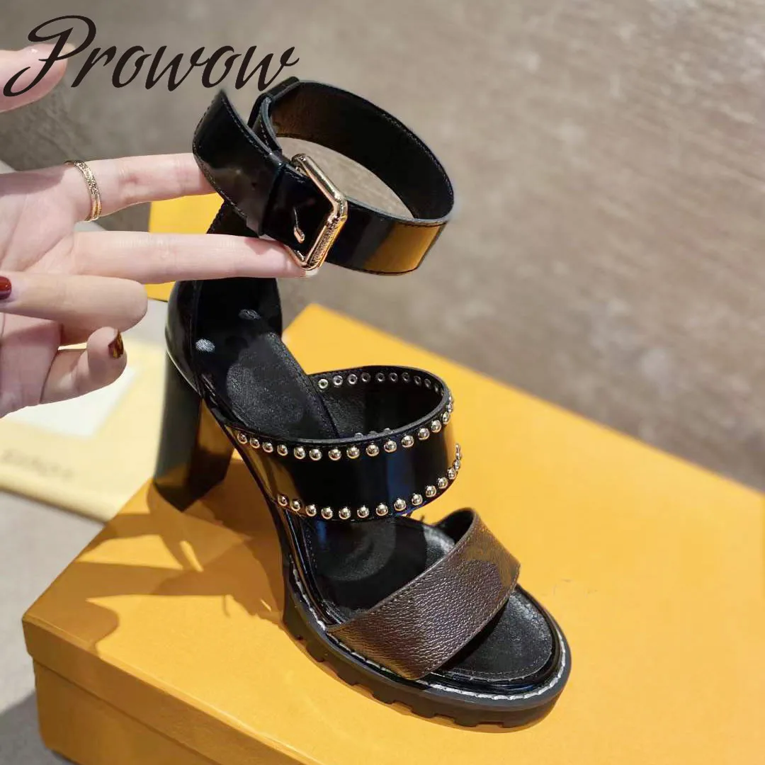 

Prowow New Spring Summer Genuine Leatheer Metal Studded Luxury Brand Sandals Open Toe HIgh Heels Shoes Women Zapatos Mujer