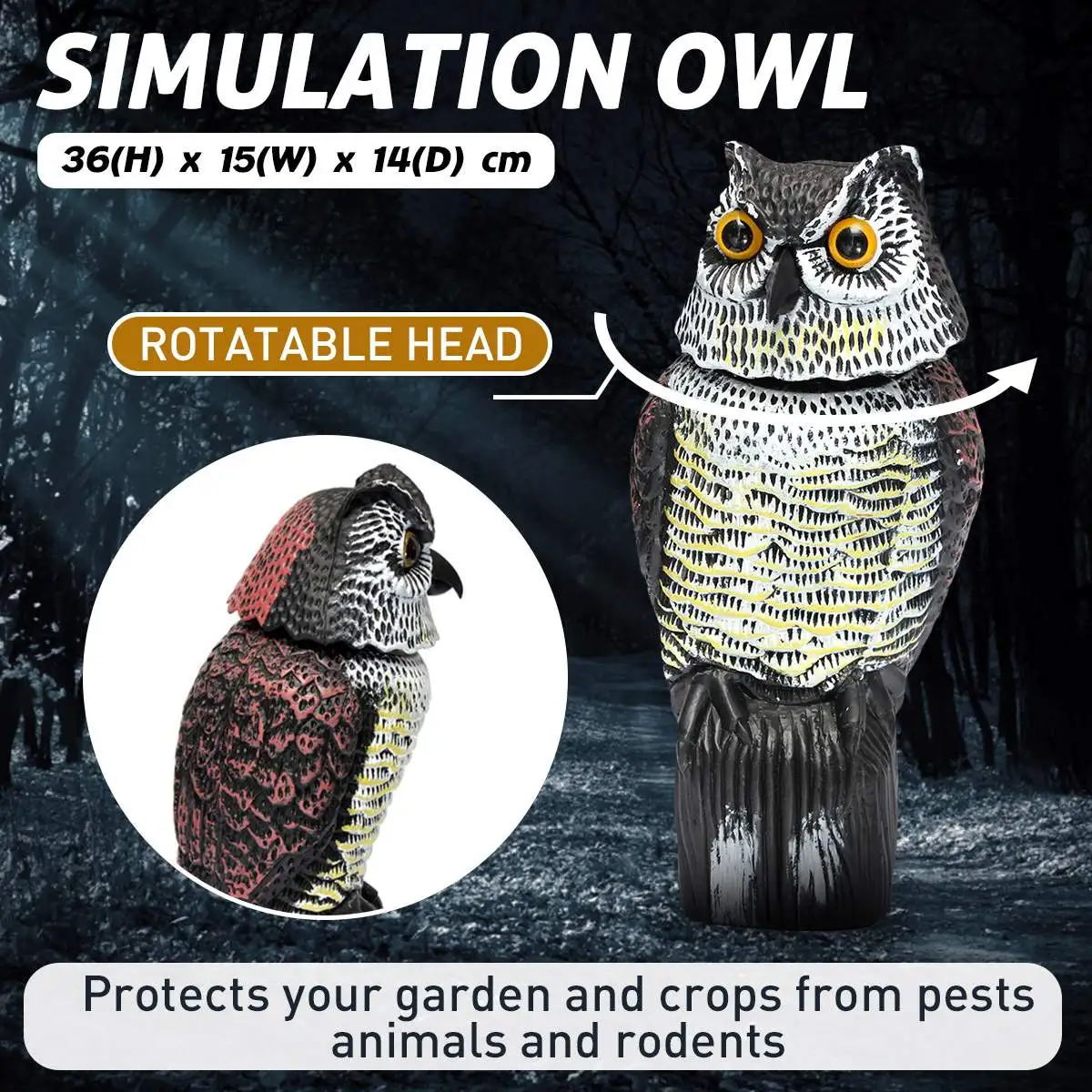 

Garden Outdoor Large Realistic Owl Decoy with Rotating Head Bird Pigeon Crow Scare Scarecrow Pest Simulation Plastic Protects
