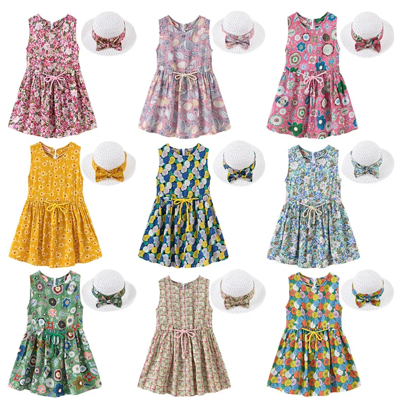 

Summer Dress Floral Girls' Sleeveless Children Girls Dress +Hat Cotton Princess Kids Dresses For Girls Causal Wear 2-piece set