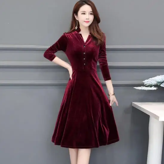 Женское бархатное платье с длинным рукавом v образным вырезом винтажные Ретро