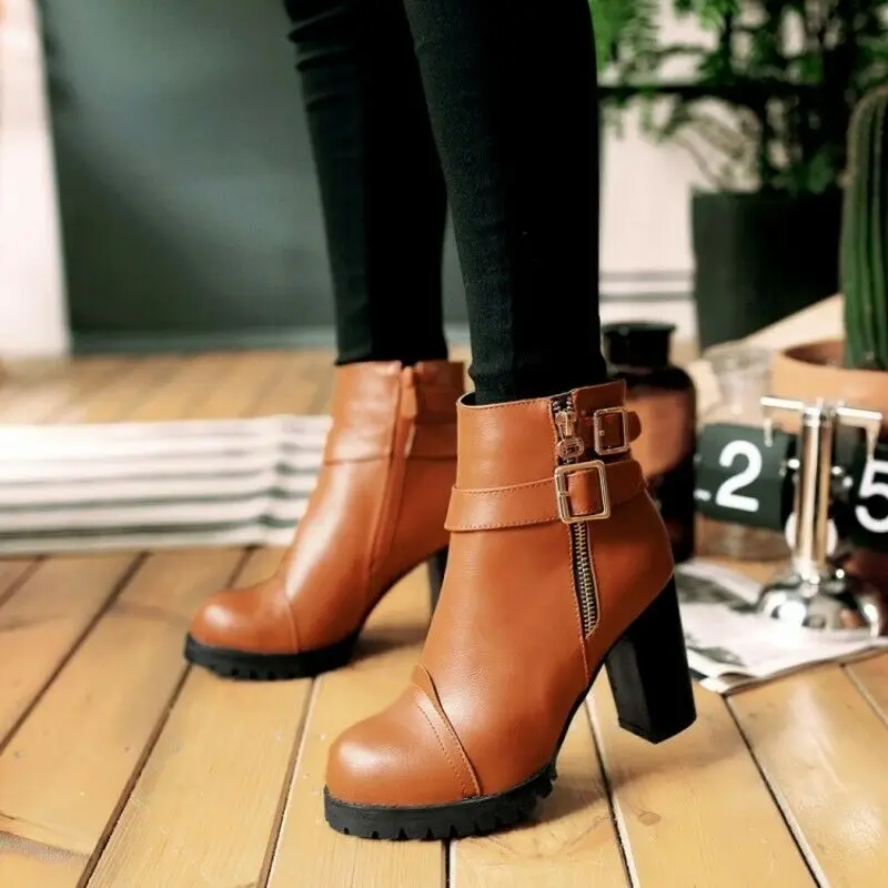 

Classic Wome's Round Toe Block High Heel Buckle Punk Chelsea Ankle Boots