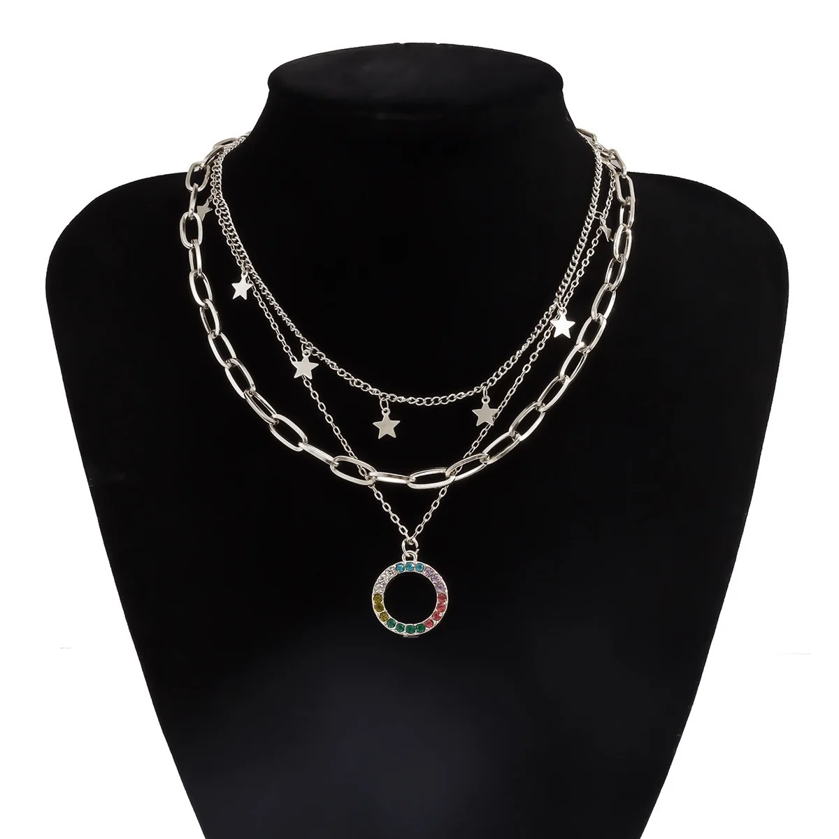 

2021 New Retro 3-piece Multilayer Star Necklace Metal Pendant Necklace Female Gold Rhinestone Geometric Pendant Necklace