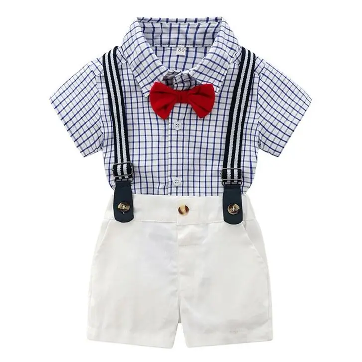 

Summer boy baby short-sleeved shirt blue plaid clothes, fashion strap shorts suit 9M-5T12345 years old