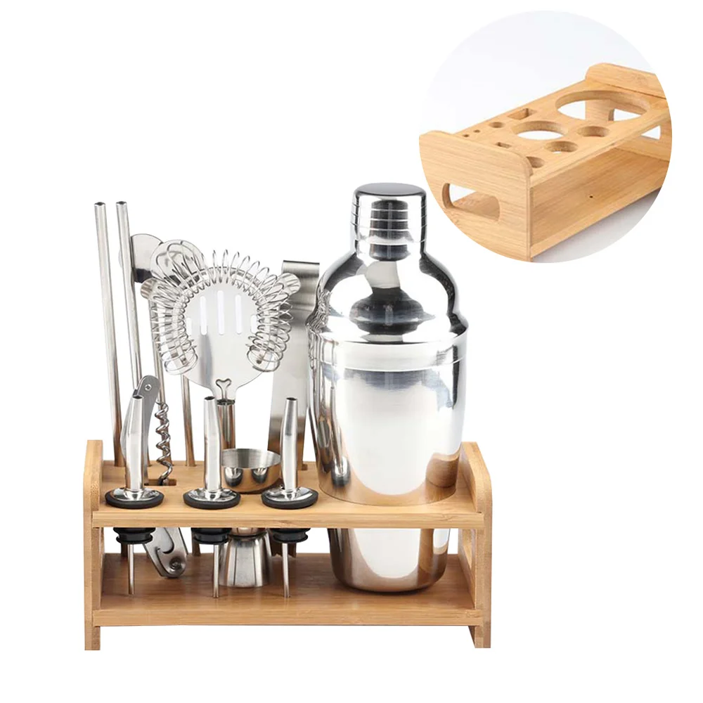 

1 Set Stainless Steel Cocktail Kit Wooden Base Cocktail Mixing Kit Drink Mixer Bartender Tools (250ML)