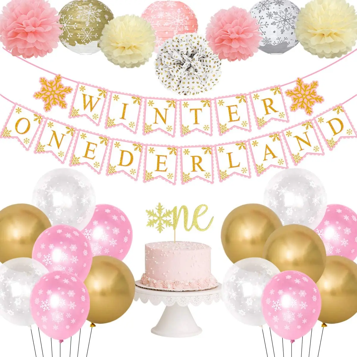 Decoraciones de cumplea&ntilde;os para ni&ntilde;a, copo de nieve de invierno de oro rosa, suministros de primera fiesta, conjunto de copo de nieve congelado, flores de papel, Topper de una primera tarta-0