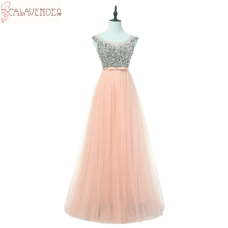 

O-Neck Long Prom Dress 2020 A Line Crystal Beaded Celebrity Dresses Light Sky Blue Evening Gown