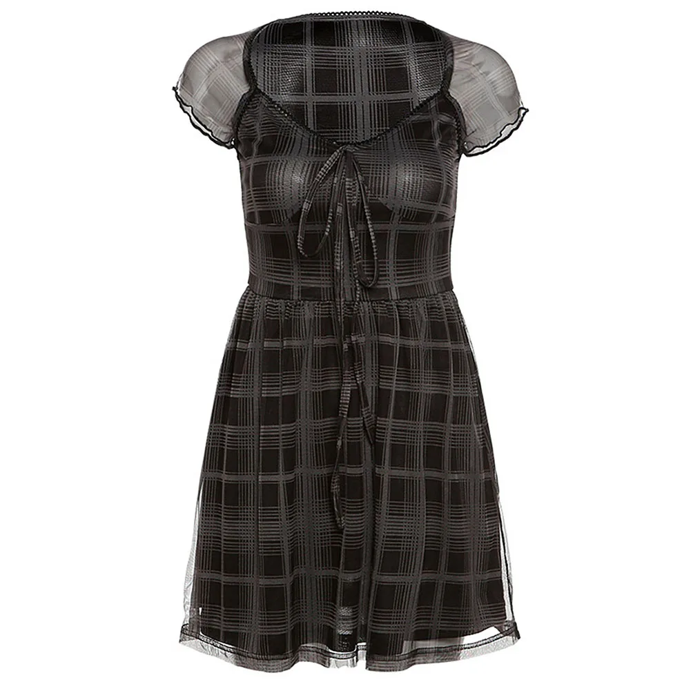 

E girl Y2k Gothic Fashion Lattice Pattern A-Line Short Sleeve Mini Dress For Women Summer Casual Stretch Sexy Streetwear Dresses