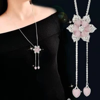 stainless steel chain crystal flower for women fashion silver color crystal maxi necklaces 80cm pendants sweater chain jewelry
