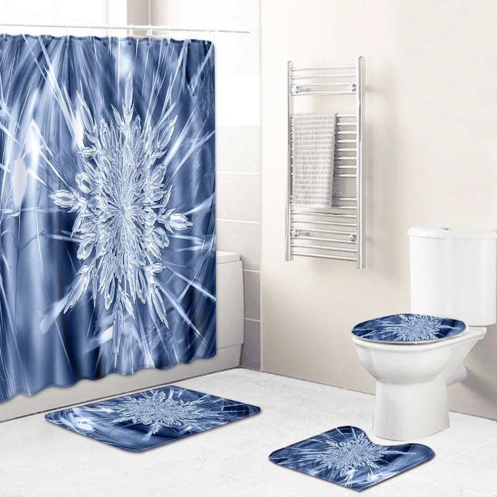 

4pcs Shower Curtain Christmas Bath Curtain Non-slip Toilet Rug Shower Mat Absorbent Bathroom Rug Washable Foot Mat Bath Mat Set