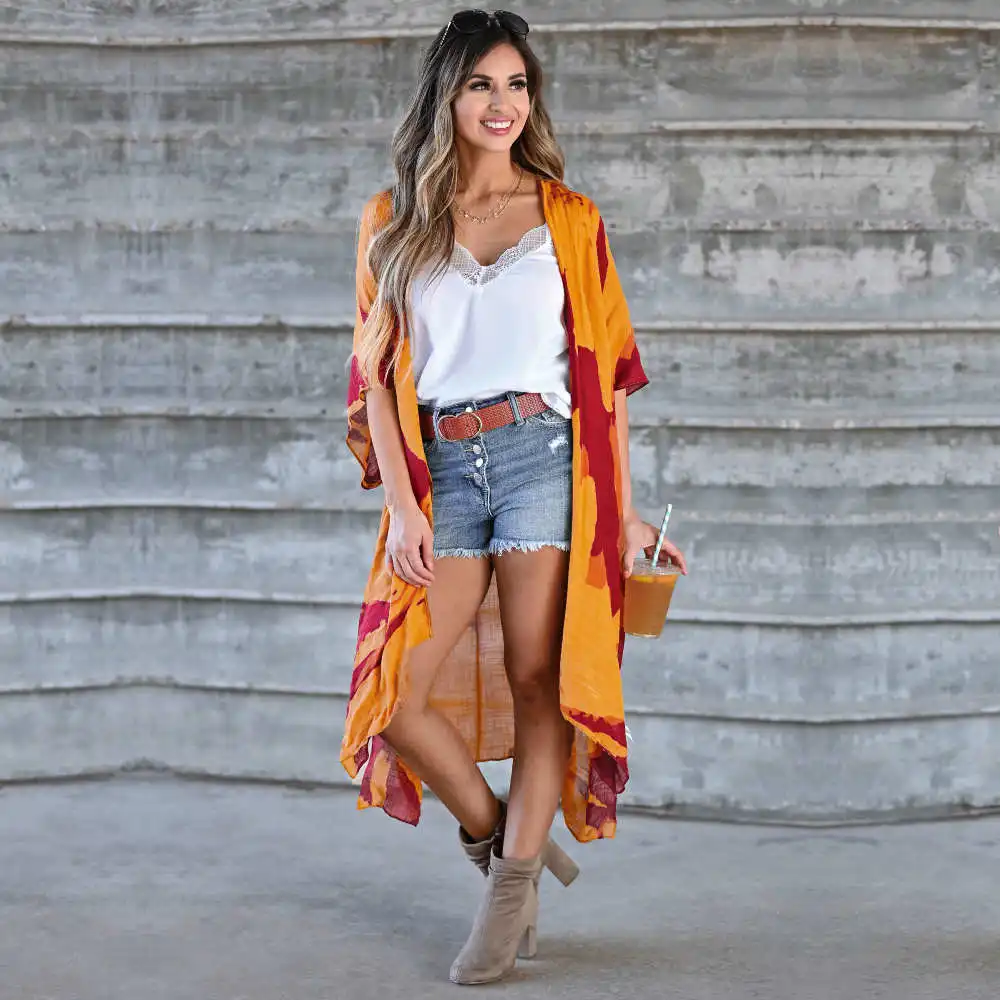 

Bohemian Printed Loose Summer Clothes Beach Tunic Plus Size Beachwear Long Kimono Women Tops Blouse blusas mujer de moda A808