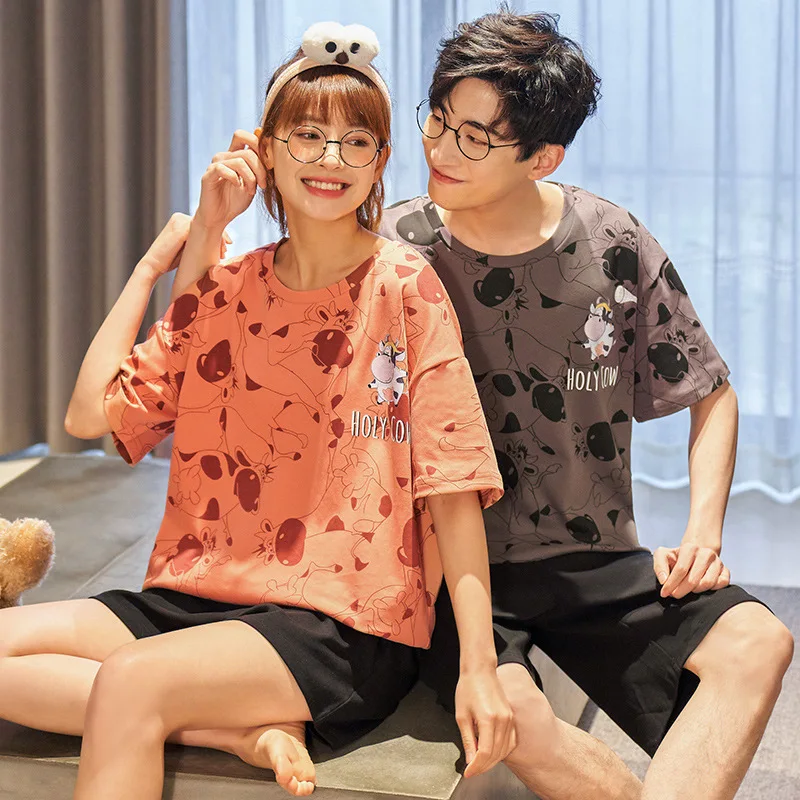 

Japanese Cartoon Loose Couple Pajamas Cotton Thin Section Women Short Sleeve Nightgown Shorts Round Neck Men's Home Wear Summer