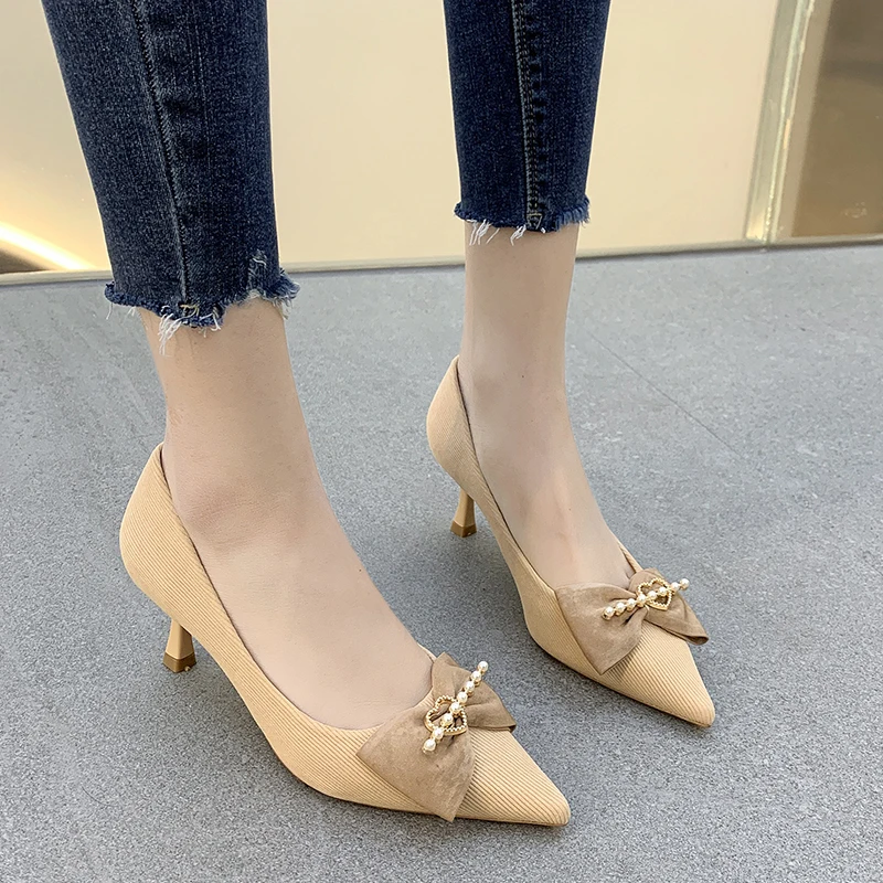 

2021 Hot Sales Women Pumps Spring New Fashion Design High Heels Shallow Shoes High Quality Pearl Bowknot Heels for Women