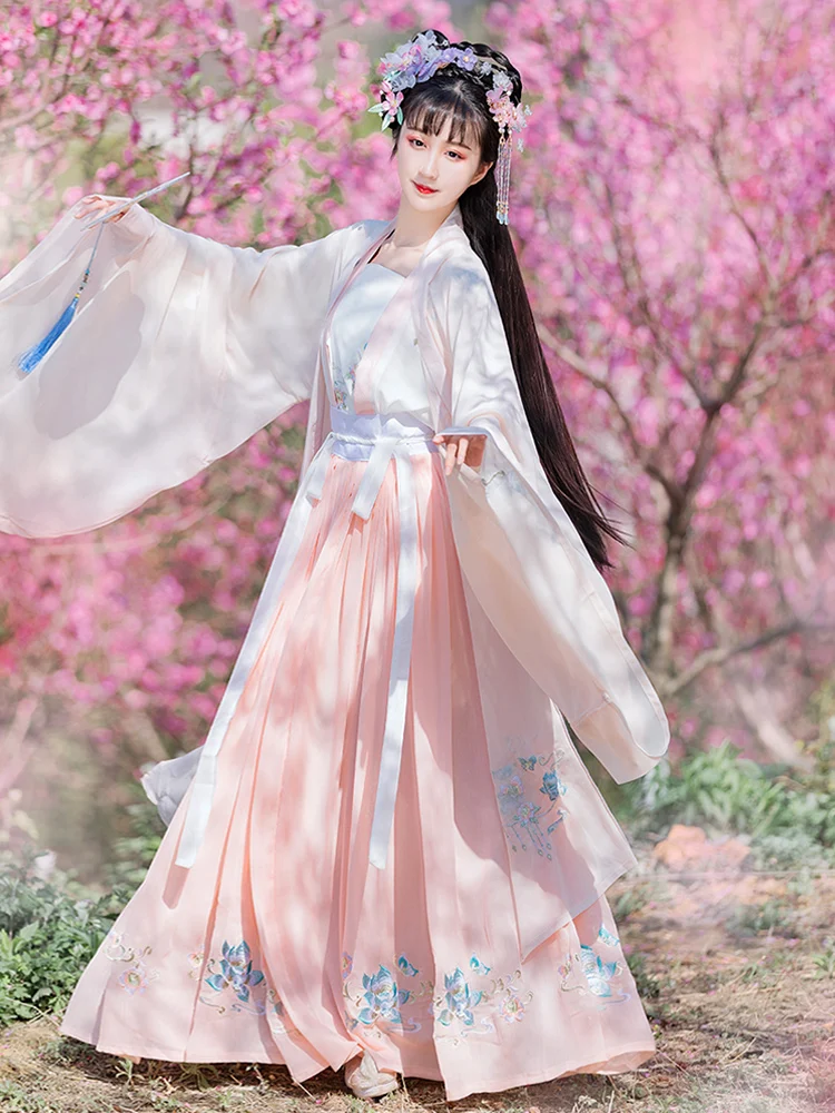 

Fuling вышитая Женская юбка Hanfu с длинным поясом Рубашка с большими рукавами вышивка в тяжелой промышленности традиционное китайское ханьфу