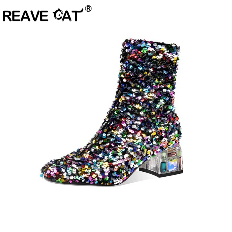 

REAVE CAT Autumn Winter Sequined Glitter Mid-Calf Boots Square Toe 4cm Crystal Heel Zip Bling Big Size 33-45 Green Casual B2109