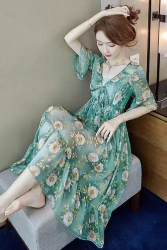 

Korean 2019 Vintage Summer Dress Casual Flarre Sleeve Loose Vestidos Fashion Brief Chffion Mid-calf Print Dresses
