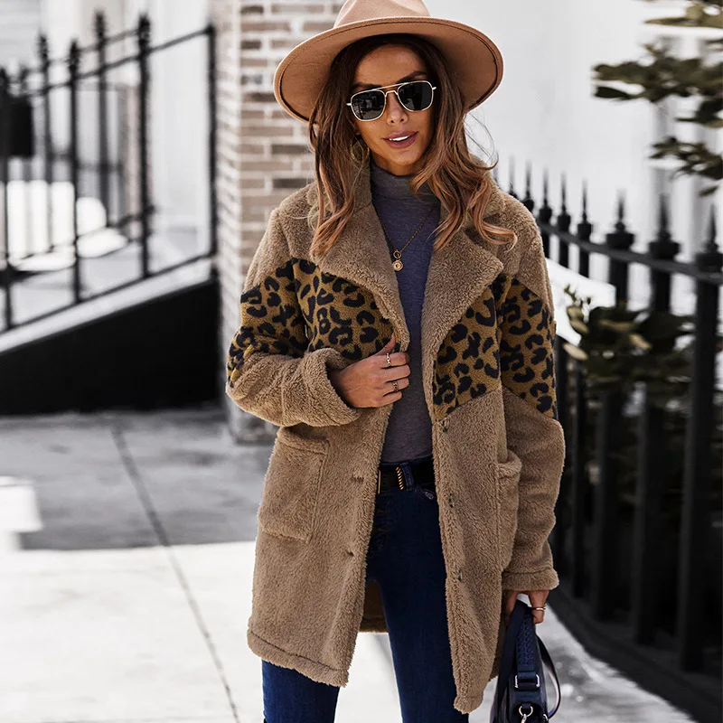 

Moda feminina manga longa leopardo estampado faux-skin fuzzy quente inverno solto casaco cardigan casaco longo outwear
