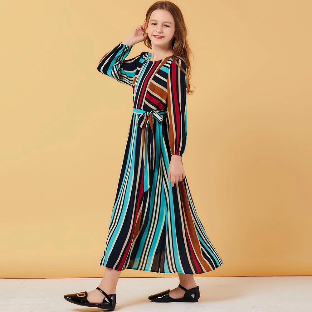 Исламское мусульманское платье для девочек Полосатое марокканское с пышными