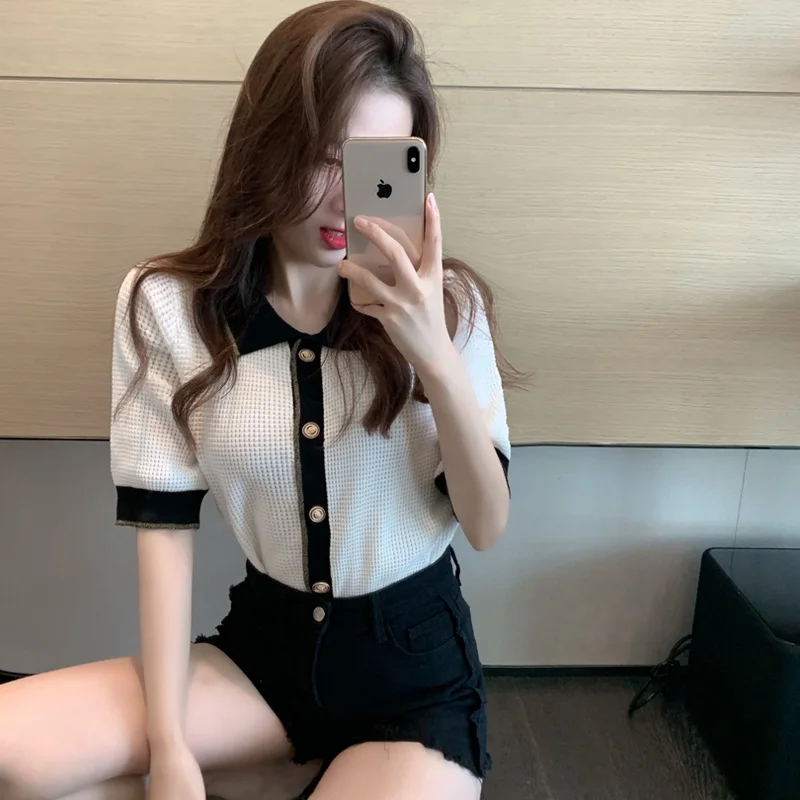 

Knitted Cardigan Women Clothing Summer New Fashion Brand Turn-down Short Sleeve Ladies Tops Slim Single-breasted 2021 Hipster