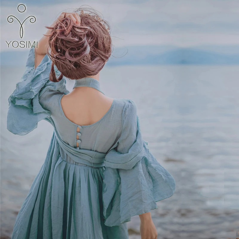 YOSIMI летнее длинное женское платье для вечеринки высокого качества Элегантное Длинное платье феи для путешествий свободное платье до щиколотки с v-образным вырезом