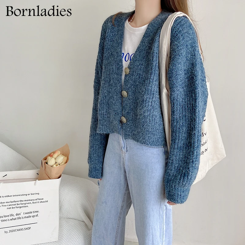 Bornladies Vintage V Neck Soft Warm Loose Women Knitted Cropped Cardigan Elegant Full Sleeve Single-breasted Female Sweater Coat |