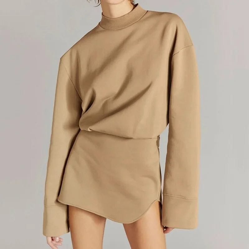 

2021 Solid Color Knitted Women's Hip Short Skirt Waist Closing French Long Sleeve Design Sense of Minority Dress платье женское