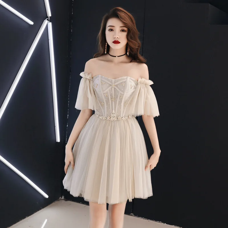 

Mini Beading Sweet Lady Dress Off The Shoulder Elegant Chinese Cheongsam Flare Sleeve Evening Party Mesh Dresses Robe De Soiree