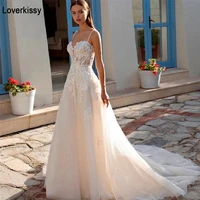 loverkissy spaghetti straps tulle vintage wedding dresses 2021 sweetheart elegant lace appliques beading beach bride gown ivory