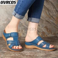 summer slippers women sandals ladies wedges shoes open toe slip on comfy flats solid color buckle beach shoes for women 2022