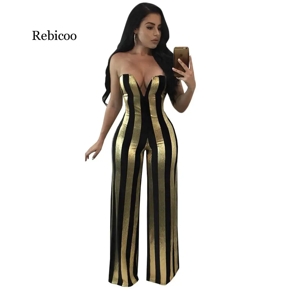 

Women Party Elegant Jumpsuit Strapless V Neck Backless Black Gold Striped Jumpsuit Wide Leg Pant Rompers Sexy Overalls