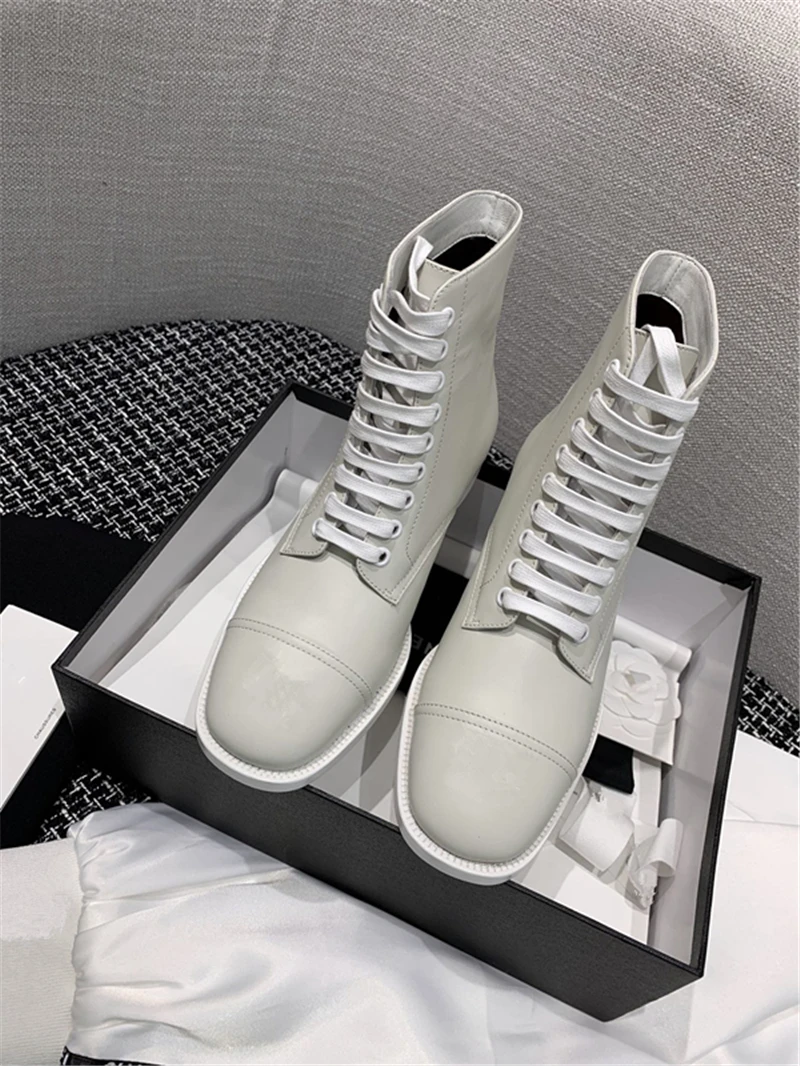 

Genuine Leather Women Ankle Boots Fashion Mixed Color Patchwork Women Martin Boots Lace Up Women Combat Boots Winter Shoes Women