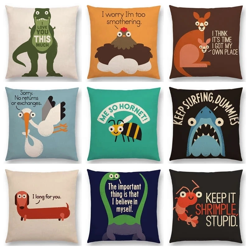 

Funny Cartoon Animals Sofa Pillowcase Dinosaur Kangaroo Bee Dachshund Shark Decorative Letters Cushion Cover Polyester & linen