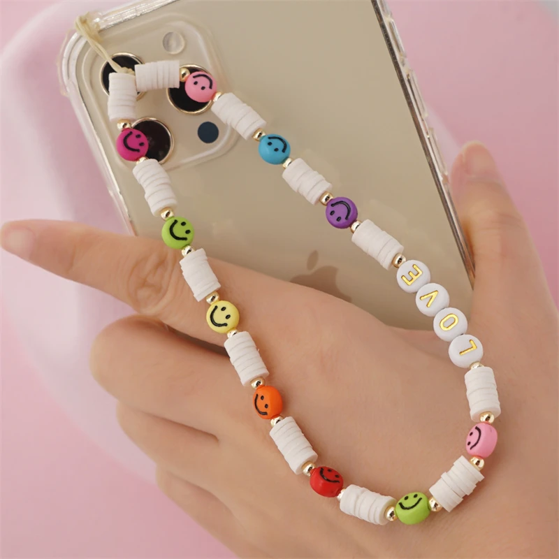Bohemian Colored Soft Pottery Beaded Mobile Phone Chain Creative Smiley Face LOVE Letter Ladies Mobile Phone Anti-Lost Chain