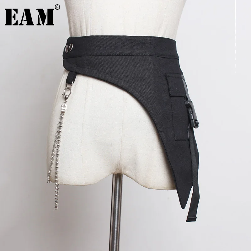 [EAM] Black Asymmetrical Chain Buckle Split Wide Belt Personality Women New Fashion Tide All-match Spring Autumn 2023 1K141