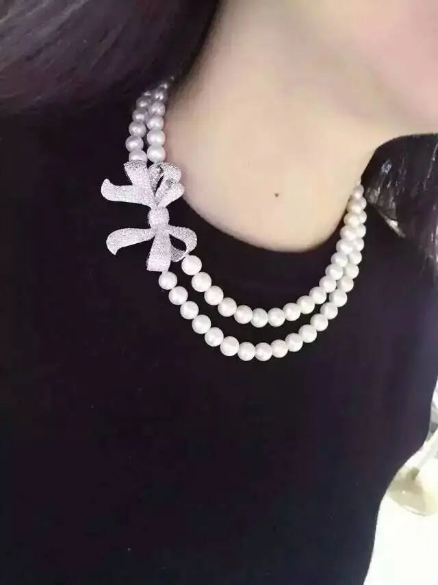 

double strands 9-10mm south sea white pearl necklace 18'"19""925silver KKK