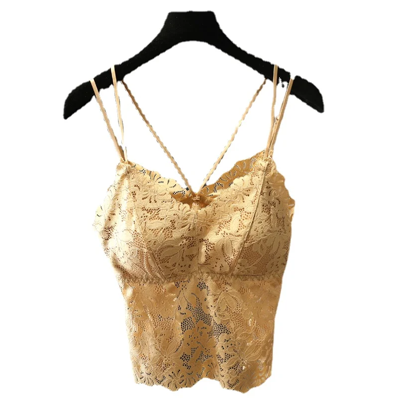 

Fashion Yellow Lace Camisole for Women Sexy Back Slit Corset Top with Chest Pad Double-Shoulder Strap Tanks Summer White Black