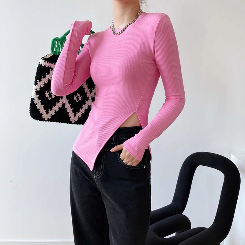 

Slim Casual T Shirts For Women O Neck Long Sleeve Female Black Side Split T Shirt Fashion New Clothing Spring