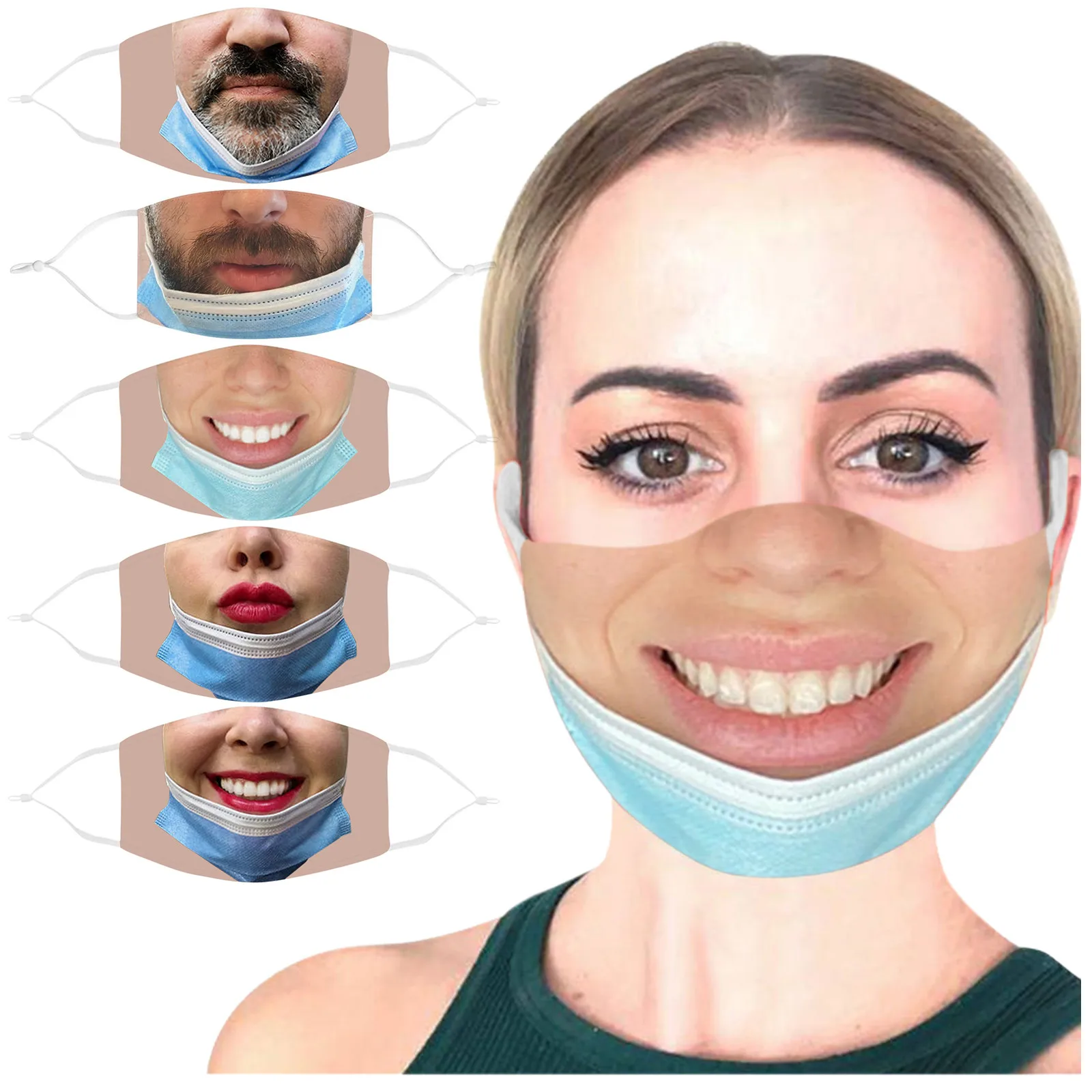 

5pcs Reusable Mask For Face With Funny Printing Breathable Fashion Masks For Face Adult Creative Prank masque Halloween Cosplay