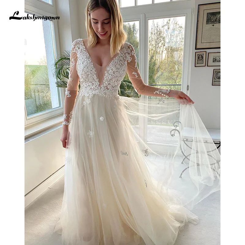 

Женское свадебное платье со шлейфом, кружевное ТРАПЕЦИЕВИДНОЕ ПЛАТЬЕ из фатина цвета слоновой кости с V-образным вырезом и длинными рукавам...