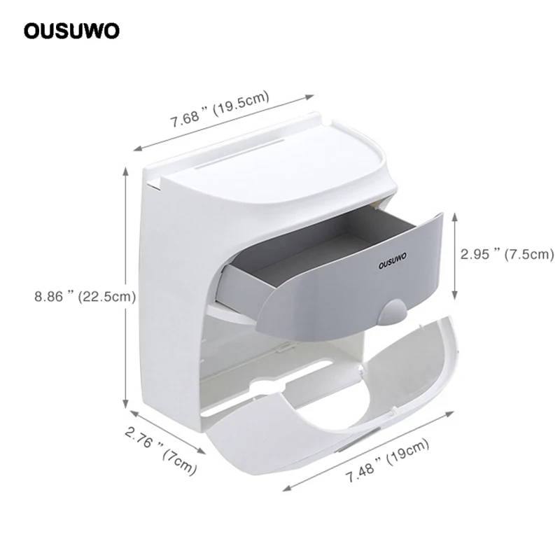 

OUSUWO Self-Adhesive Toilet Paper Holder, Tissue Box Wall Mounted, Multifunction Bathroom Paper Holder, Waterproof Storage Box