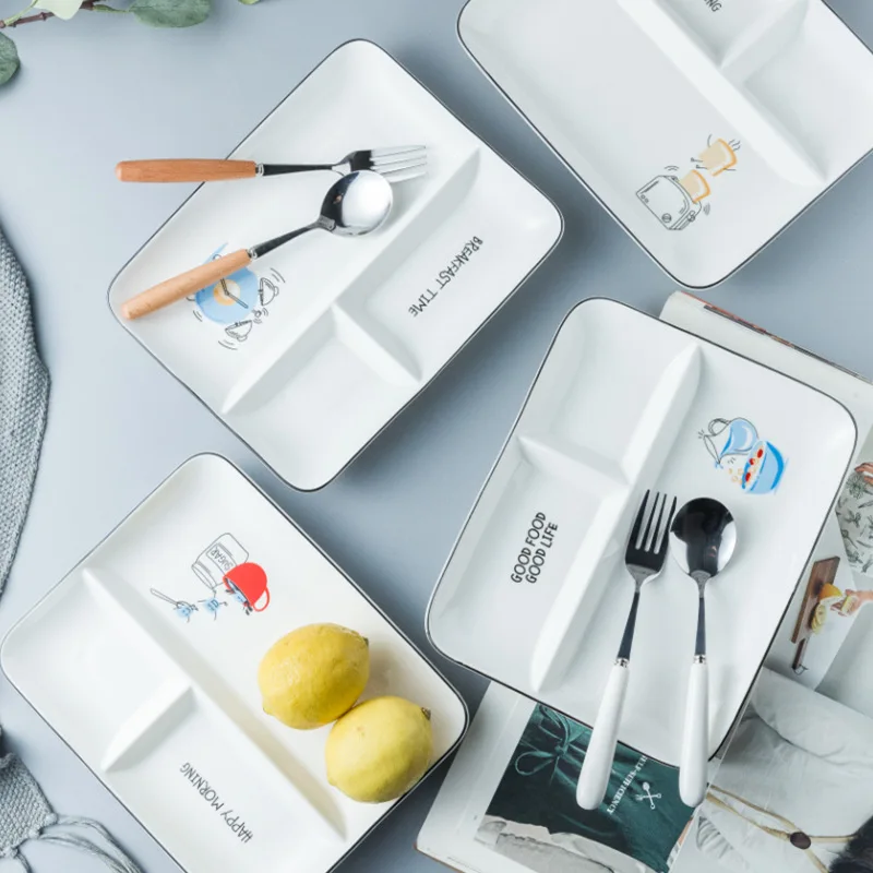 Керамическая тарелка для фруктовых закусок прямоугольный разделитель три сетки