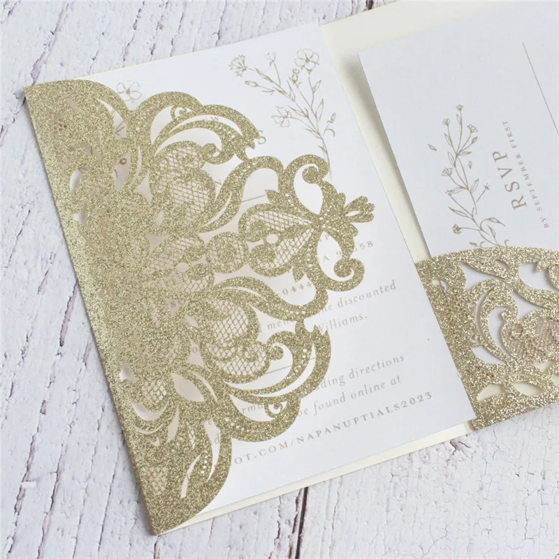 Блестящая лазерная резка пригласительная карта тройного сложения карманные