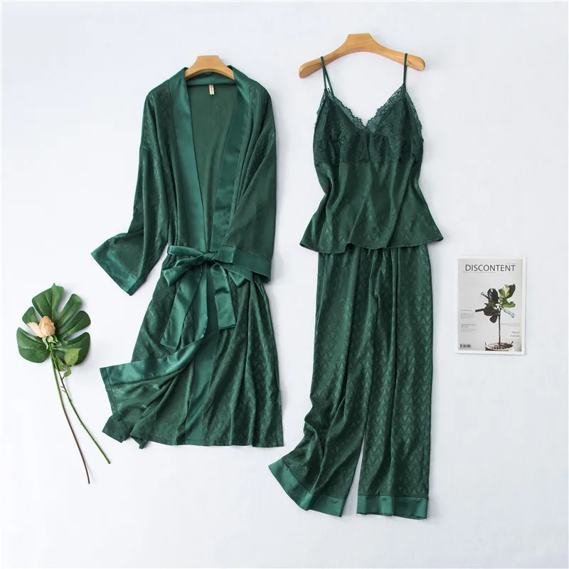 Daeyard Высококачественная жаккардовая Пижама Женский шелковый халат 3 предмета
