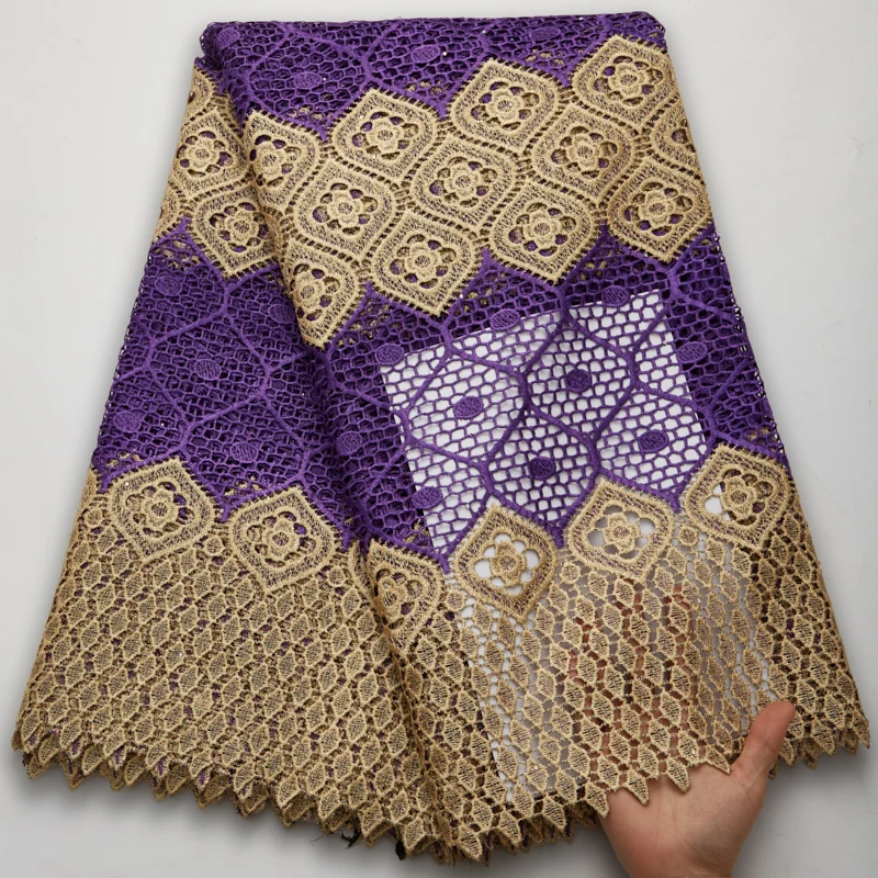 

Latest Style African Lace Fabric High Quality Water Soluble Net Lace Embroidery With Stones Cord For Party Dress 2.5 Yards TY142