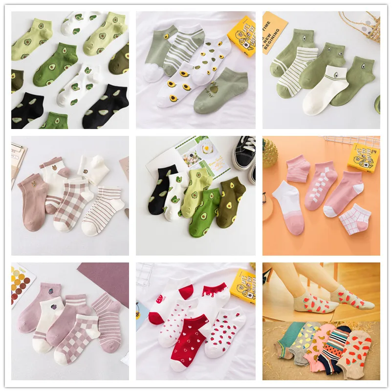 

5 Pairs Spring Summer Cotton Socks Women Avocado Strawberry Embroidery Breathable Cute Sock Harajuku School Girl Ankle Socks