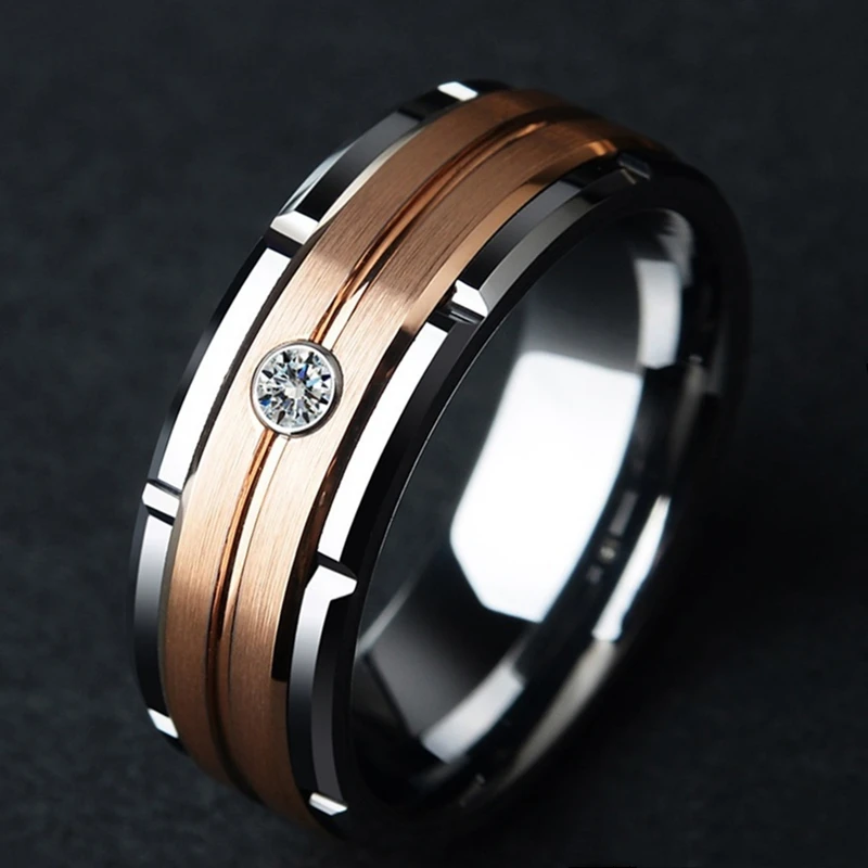 

Fashion Men's 8mm Double Groove Beveled Steel Ring Rose Gold Color Brushed Inlay AAA Zircon Ring Men's Wedding Band Jewelry Gift