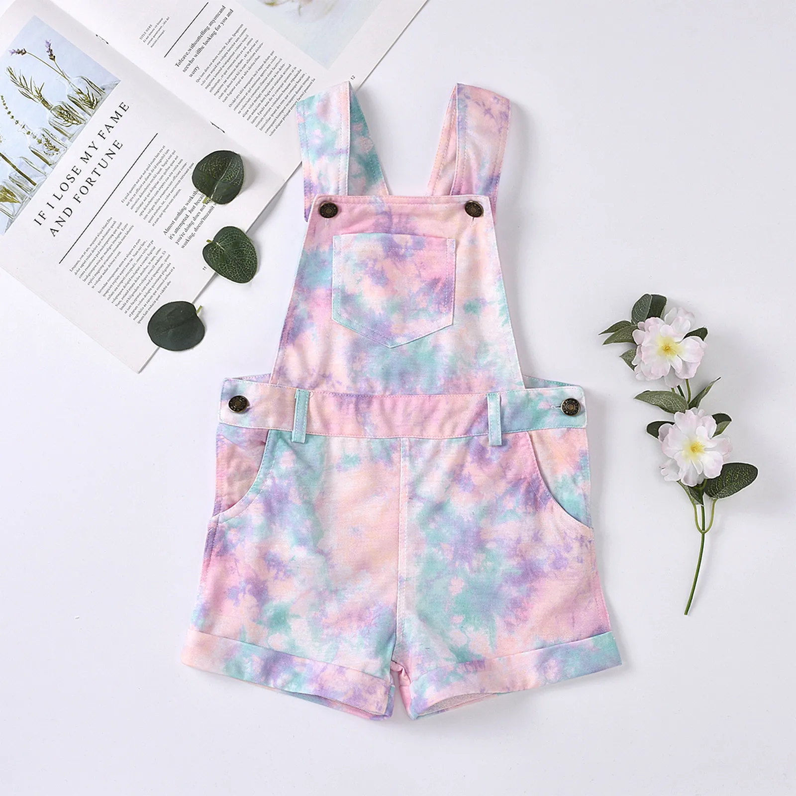 

Toddler Baby Girl's Suspender Pants Tie-dye Printing Sleeveless Outfits Casual Square Collar One-piece Clothing New Style 2021
