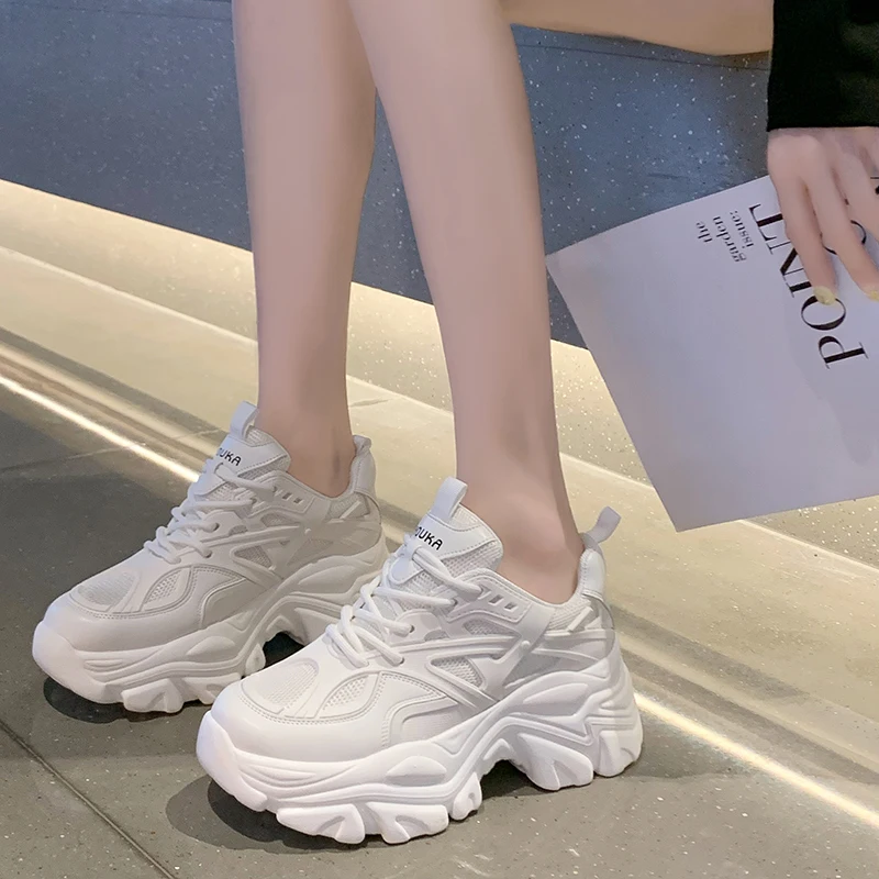 

Spring Autumn Solid Fashion Women's Sneakers Shoes Breathable Air Mesh Lace-up Thick Platform Sports Running Tennis Shoes