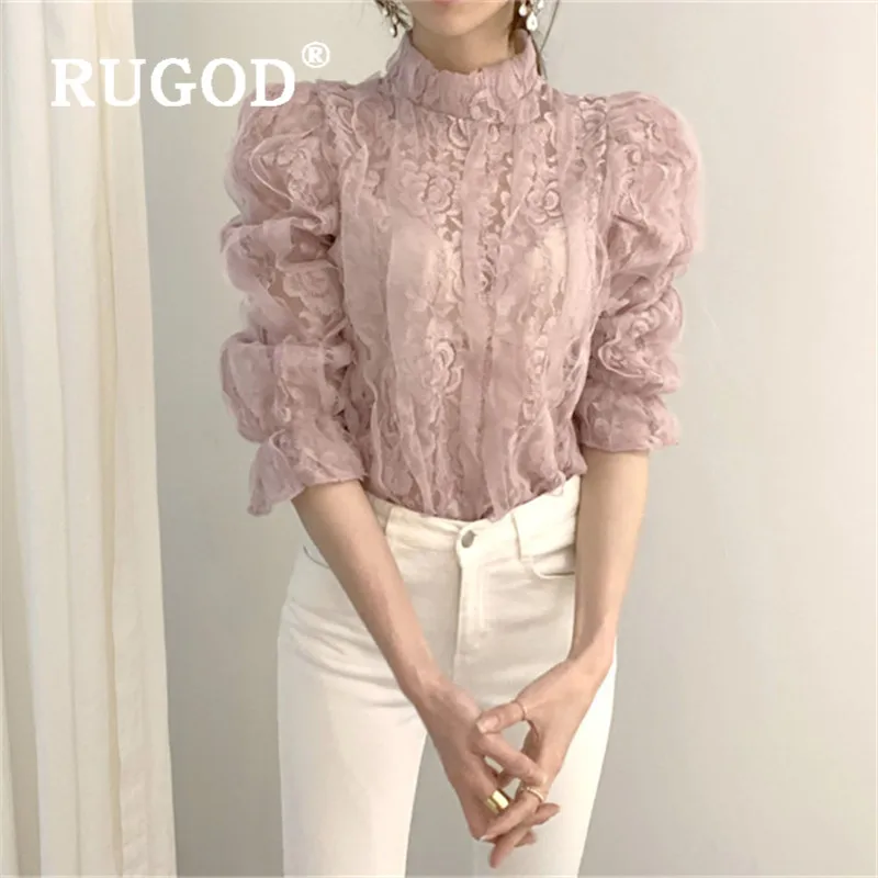 Женская кружевная блузка RUGOD с рукавами колокольчиками элегантная однотонная